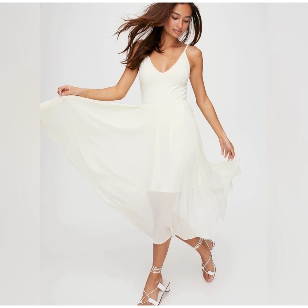 Aritzia Wilfred Daphnee Dress Pleated Midi Fit & Flare Ivory XS Balletcore